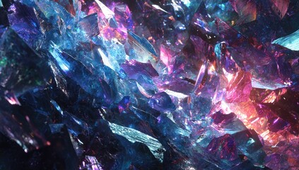 Close-up of translucent, iridescent crystalline formations, refracting light
