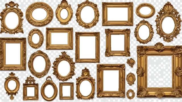 Set of ornate golden vintage picture frames isolated on transparent background