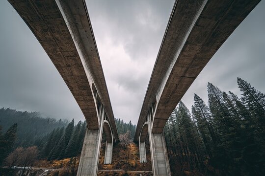 Low-angle view of two parallel concrete bridge structures against a gloomy, overcast sky