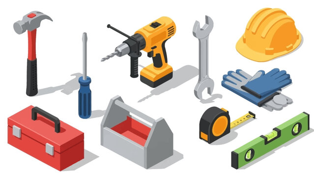 Isometric View of Construction Tools and Equipment for Building Projects.