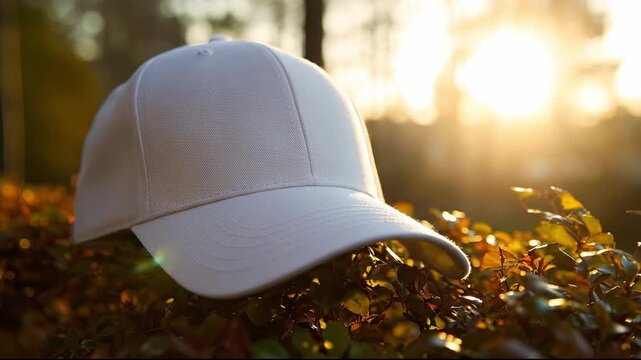 Blank White Baseball Cap Mockup Resting on Green Hedge Outdoors During Golden Hour Sunset