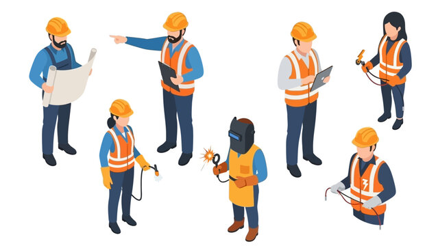 Isometric View of Construction Workers in Various Poses.