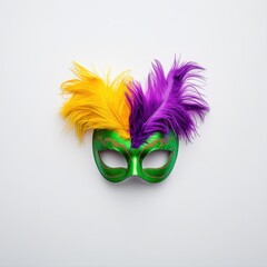 Colorful Feather Mask with Yellow and Purple Plumes on White Background