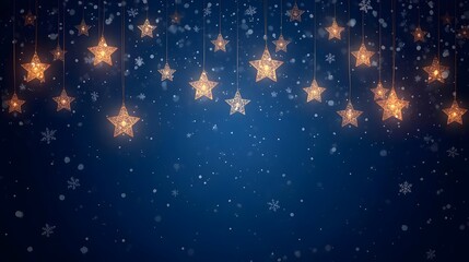 christmas, holiday, winter, trendy, Glowing star-shaped string lights with falling snow and snowflakes against a dark blue background creating a magical winter holiday atmosphere 