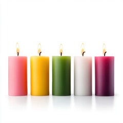 Colorful Candles in a Row on White Background for Relaxing Atmosphere