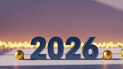New year 2026 with gold balls and lights on table indoors