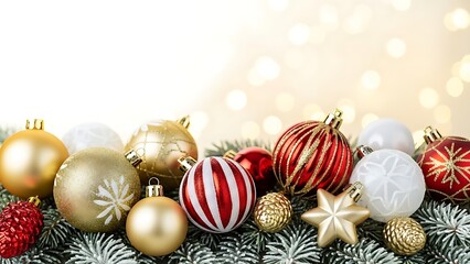 A beautiful collection of festive christmas ornaments arranged on snowy pine branches