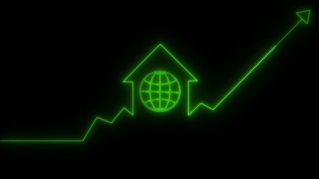 Home icon house sign neon lights animation with up arrow earth globe icon. Neon House, home building animation. Neon home business graph icon animation. Globe symbol icon with arrow line animation