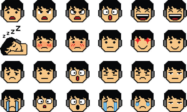 Pixel art collection of boy gamer avatars with headphones featuring various facial expressions like angry happy sad crying and surprised for streaming