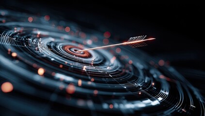 Glowing arrow hitting digital target surrounded by swirling futuristic lines and lights