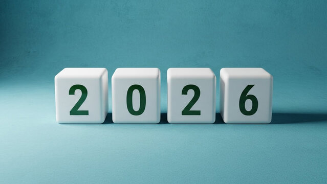 The year 2026 written on white blocks on blue background
