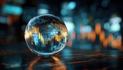 Glass sphere reflecting glowing orange financial charts on dark tech circuit board surface