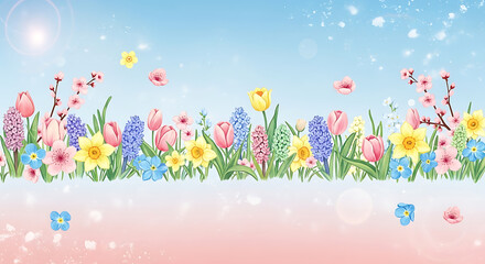 A beautiful watercolor illustration of a vibrant spring flower border with tulips, daffodils, and hyacinths under a soft blue and pink sky.