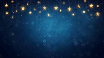 christmas, holiday, winter, trendy, Festive glowing star garland decoration hanging golden celestial ornaments on a dark blue textured background with bokeh perfect for holiday ce