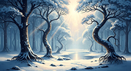 Sunlight piercing through a serene, snow-covered winter forest, illuminating a path between gnarled, ancient trees.