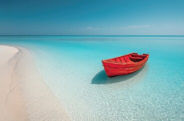 Vivid coastal scene with a red rowboat afloat in clear turquoise waters near a sandy shore