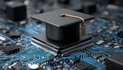 A black graduation cap with gold tassel sits on a computer chip on a circuit board