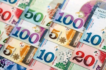 Georgian Lari currency money bills in bunch. GEL currency banknotes with different denomination close up