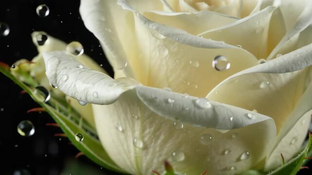 Close-up of a white rose adorned with droplets of water against a dark background, highlighting its delicate petals and vibrant green stem
