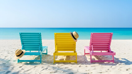 Three colorful beach chairs with hats on the sand
