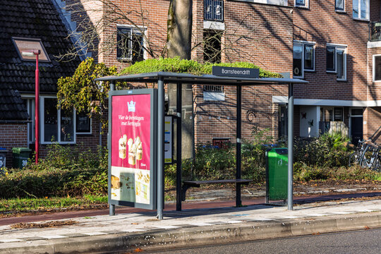 Eco-friendly bus stop shelter with a green sedum roof for biodiversity located in a residential neighborhood street in the Netherlands. Nieuwegein Netherlands, 21 November 2025.