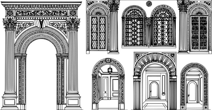 Art Deco arch window and door frames, entrance doorways, and gateways, featuring modern architectural line drawings. Ancient classical architecture with arched doors reminiscent of Medieval temples