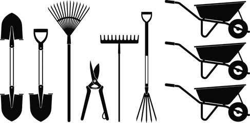 Gardening tools silhouette, shovel vector, rake clipart, pruning shears, wheelbarrow icon, outdoor equipment, black flat graphic © MDMOHOBBAT