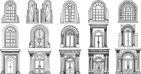 Art Deco arch window and door frames, entrance doorways, and gateways, featuring modern architectural line drawings. Ancient classical architecture with arched doors reminiscent of Medieval temples