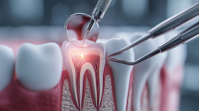 Dentist examining tooth with dental tools and magnifying glass