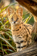Serval cub on tree branch