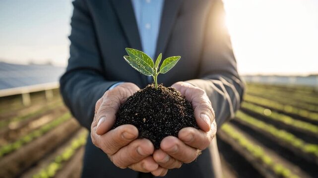 男性が両手で土付きの苗木をやさしく支える