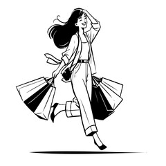 A woman is carrying shopping bags and is jumping in the air. She is smiling and she is happy