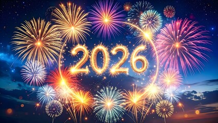 Dynamic Happy New Year 2026 scene with colorful fireworks bursts and glowing reflections. Ideal for event promotions, countdown screens, digital ads, and festive web designs.