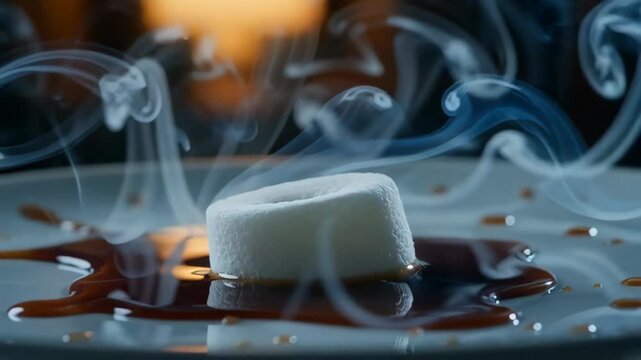 Close-up view of a white dessert emitting steam placed on a plate with a glossy dark sauce, creating a warm ambiance