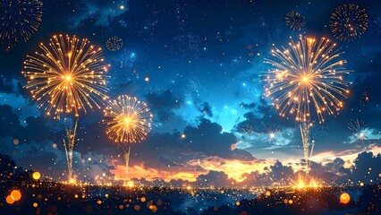 Bright and cheerful New Year’s Eve illustration showcasing vibrant fireworks and glowing particles in the night sky. Perfect for party flyers, celebration posters, and holiday-themed designs.