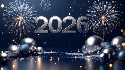 A festive New Year 2026 background featuring golden fireworks exploding in a deep blue night sky with glowing bokeh lights. Ideal for greeting cards, banners, social media posts and seasonal marketing