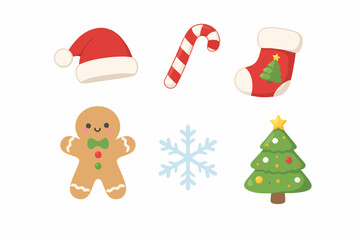 Naklejka premium Classic Christmas icon set with gingerbread, stocking, candy cane, hat, tree, and snowflakes.