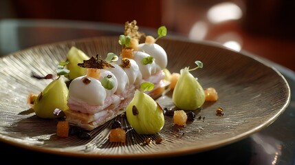 Delicious dessert plate with creamy pears and sweet toppings on a brown plate.