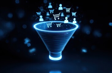 Neon funnel illustration with floating icons of shopping carts and user profiles