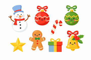 Fototapeta premium Cute Christmas icon set with snowman, gingerbread, candy cane, gifts, and smiling ornaments.