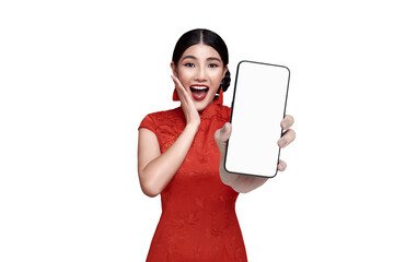 Chinese New Year digital promotion concept with Asian woman in red traditional dress holding smartphone mockup expressing surprise excitement festive technology use holiday marketing online shopping