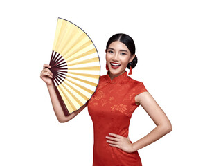 Chinese New Year cultural celebration with Asian woman in red traditional dress holding decorative hand fan expressing festive elegance oriental heritage holiday tradition and seasonal celebration