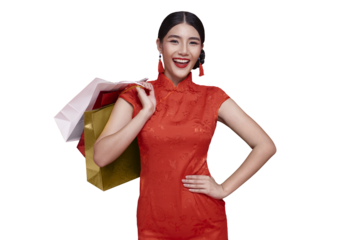 Chinese New Year shopping celebration with Asian woman in red traditional dress holding shopping bags expressing festive happiness cultural elegance holiday lifestyle. PNG file