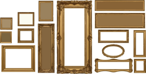Collection of Vintage Ornate Gold Picture Frames and Borders Isolated Vector Set