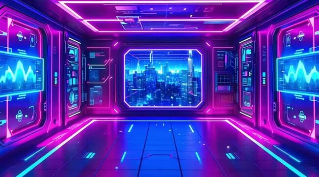 A vibrant, neon-lit cyberpunk interior features advanced digital displays and a large window offering a stunning panoramic view of a futuristic cityscape at night.
