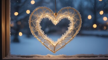 Sparkling frosted heart ornament with delicate branches inside, winter window