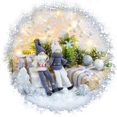 Christmas or New Year greeting card. Christmas composition with toys dolls and spruce branches and festive decorations on snow.