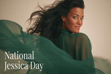 A woman with long dark hair and flowing green sheer fabric gazes confidently at the camera. National Jessica day concept