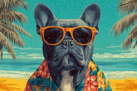 Cool Canine on Holiday: A charming illustration depicts a French bulldog embracing the tropical holiday vibe, complete with stylish sunglasses and a floral shirt against a backdrop of sun, sand.