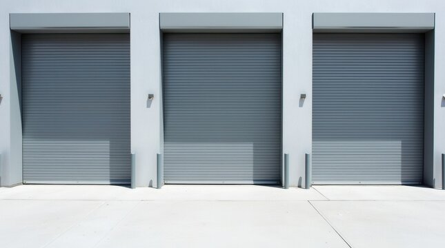Three identical gray roller shutter doors on modern commercial building exterior, clean concrete pavement, minimalistic urban architecture 
